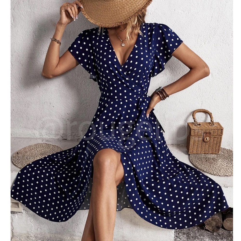 Navy Blue Polka Dot Midi Dress Faux Wrap Tie Side